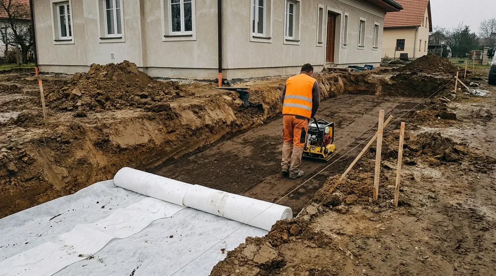 Vykopané koryto vjezdu se zhutněnou plání ve spádu, pracovník vede vibrační desku, na části plochy je rozvinutá geotextilie s přesahem pásů