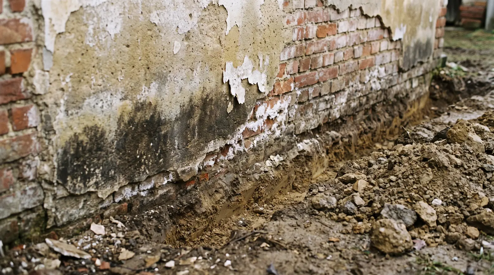 Sokl staršího cihlového domu s vlhkostní mapou, opadanou omítkou a výkvěty solí, podél základu vede odkopaná rýha