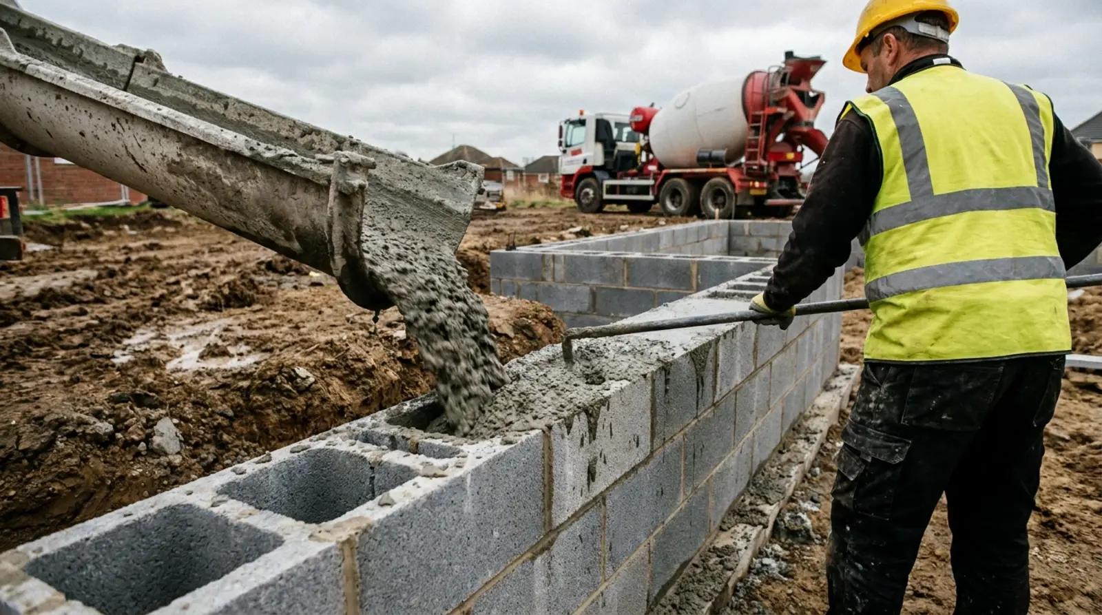 Beton tekoucí ze žlabu domíchávače do dutin betonových tvárnic, pracovník propichuje čerstvý beton ocelovou tyčí