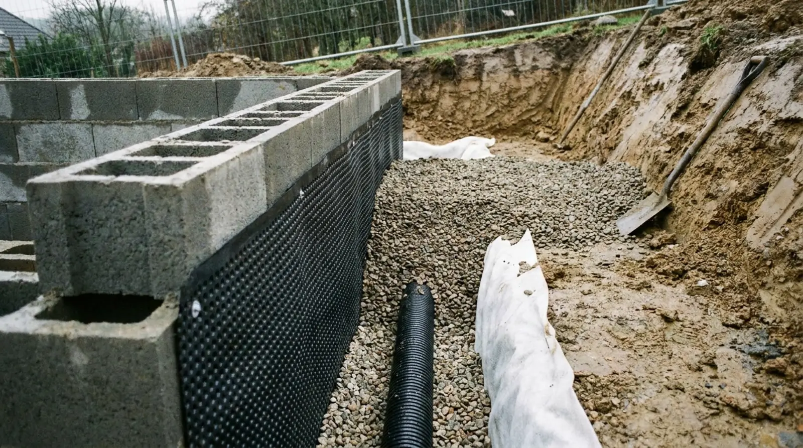 Zadní strana opěrné zdi ze ztraceného bednění s černou nopovou fólií, drenážní trubkou ve štěrkovém loži a geotextilií