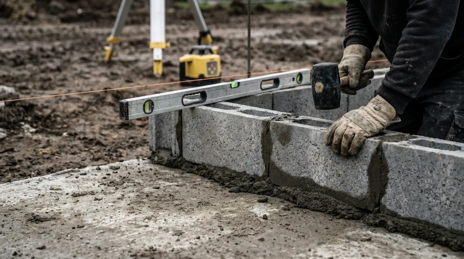 První řada betonových tvárnic ukládaná do maltového lože, pracovník ji srovnává gumovou palicí, přes tvárnice leží dvoumetrová vodováha, v pozadí stavební laser